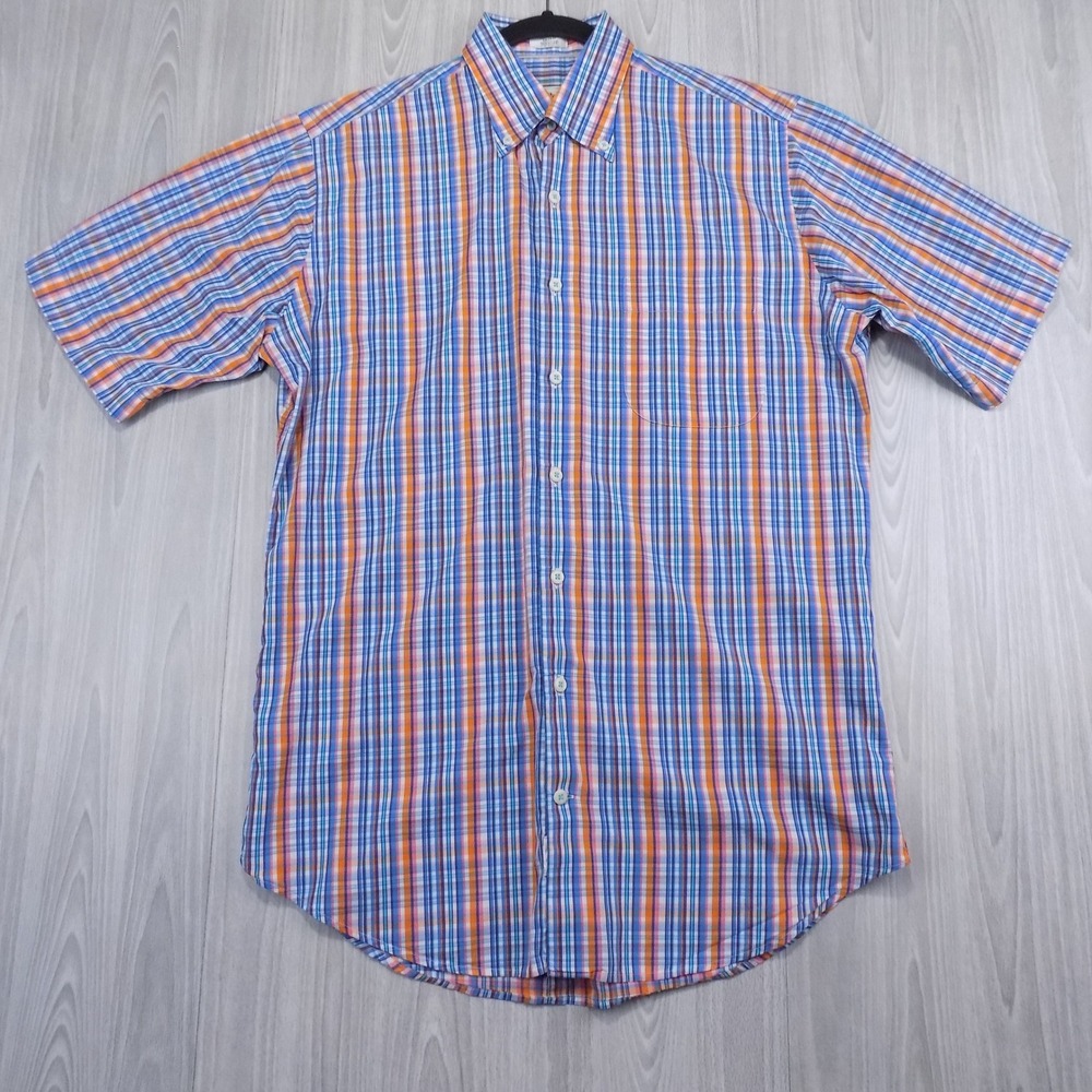 Peter Millar Plaid Shirt Mens Medium Blue Orange Short Sleeve Button Down EUC